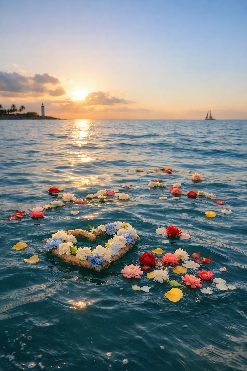 Heart-shaped floral wreath floating on ocean at sunset with scattered flower petals