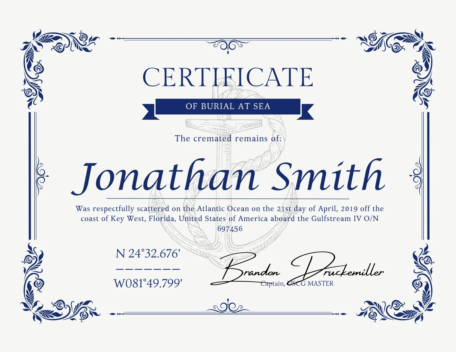 Sample Certificate of Burial at Sea showing GPS coordinates, date, and captain signature